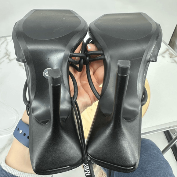 Zara Womens Leather Asymmetrical Heeled Sandals Size 7 Minimalist - Picture 14 of 14